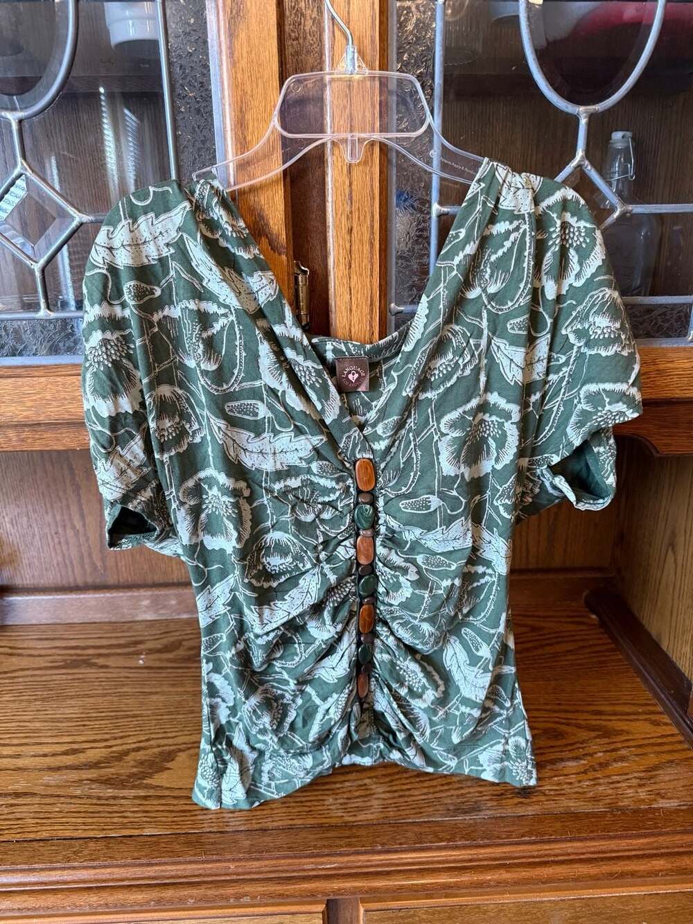 Language Los Angeles Y2K Sage Floral Beaded Top Small Ruched